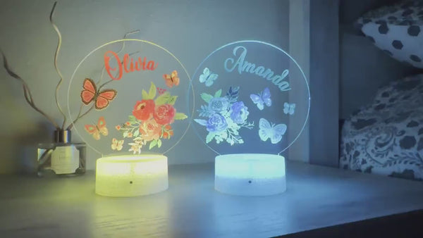 Kids Custom Colorful Acrylic Night Light Flowers-Butterflies |Perfect Birthday Gift for Girls or Boys Custom Handmade Led Kids Bedroom Decor