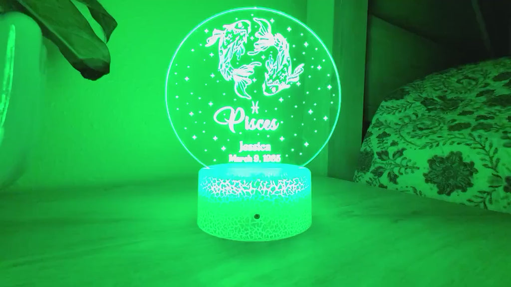 Pisces Zodiac Sign Personalized Acrylic Night Light Perfect Birthday Gift for Her For Him Horoscope Sign Custom Handmade Led Bedroom Decor