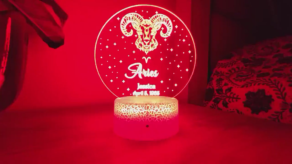 Aries Zodiac Sign Personalized Acrylic Night Light Perfect Birthday Gift for Her or For Him Horoscope Sign Custom Handmade Led Bedroom Decor