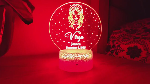 Virgo Zodiac Sign Personalized Acrylic Night Light Perfect Birthday Gift for Her or For Him Horoscope Sign Custom Handmade Led Bedroom Decor