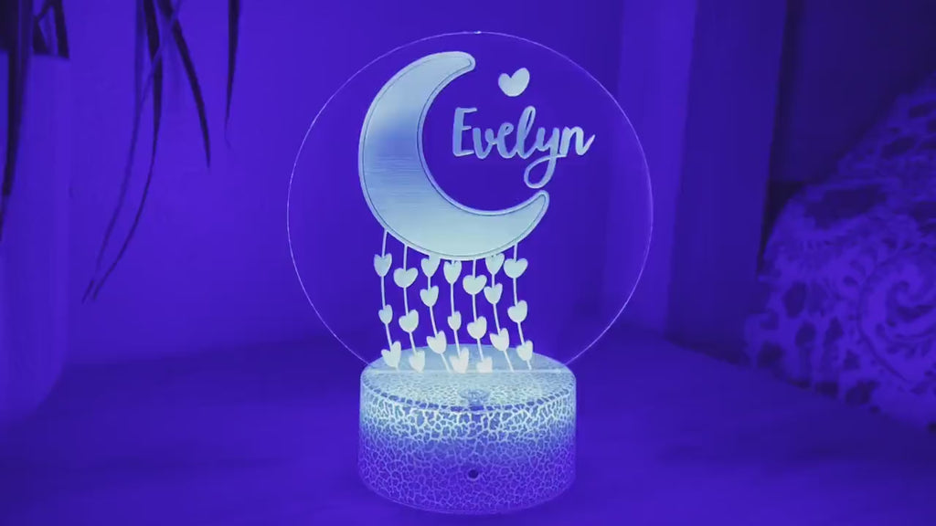 Kids Personalized Acrylic Night Light Laser Kids Moon & Hearts | Perfect Birthday Gift for Girls or Boys | Custom Handmade Bedroom Decor