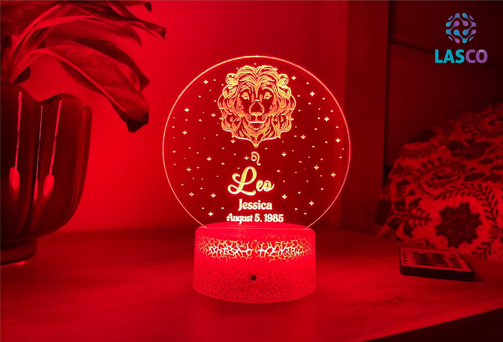 Leo Zodiac Sign Personalized Acrylic Night Light Perfect Birthday Gift for Her or For Him Horoscope Sign Custom Handmade Led Bedroom Decor