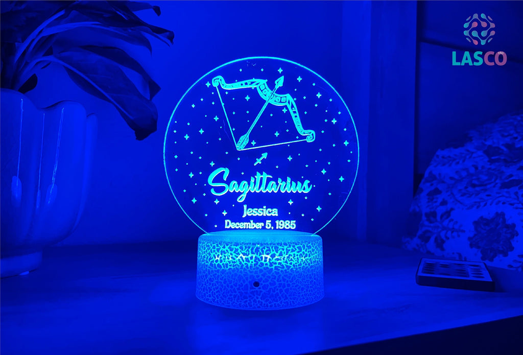 Sagittarius Zodiac Sign Personalized Acrylic Night Light Birthday Gift for Her or For Him Horoscope Sign Custom Handmade Led Bedroom Decor