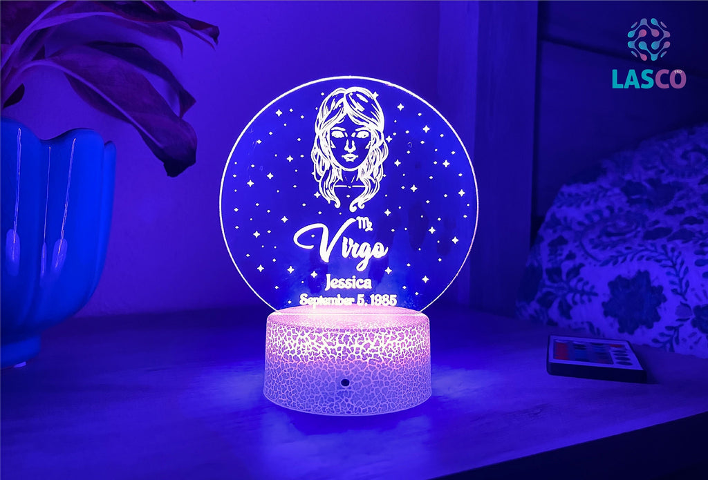 Virgo Zodiac Sign Personalized Acrylic Night Light Perfect Birthday Gift for Her or For Him Horoscope Sign Custom Handmade Led Bedroom Decor