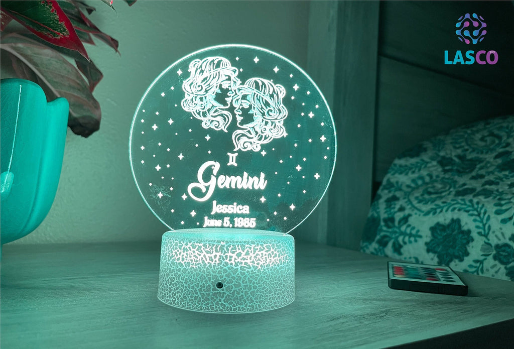 Gemini Zodiac Sign Personalized Acrylic Night Light Perfect Birthday Gift for Her For Him Horoscope Sign Custom Handmade Led Bedroom Decor