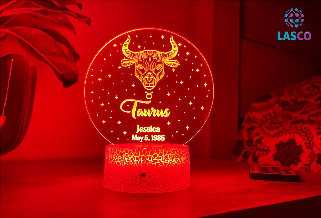 Taurus Zodiac Sign Personalized Acrylic Night Light Perfect Birthday Gift for Her For Him Horoscope Sign Custom Handmade Led Bedroom Decor