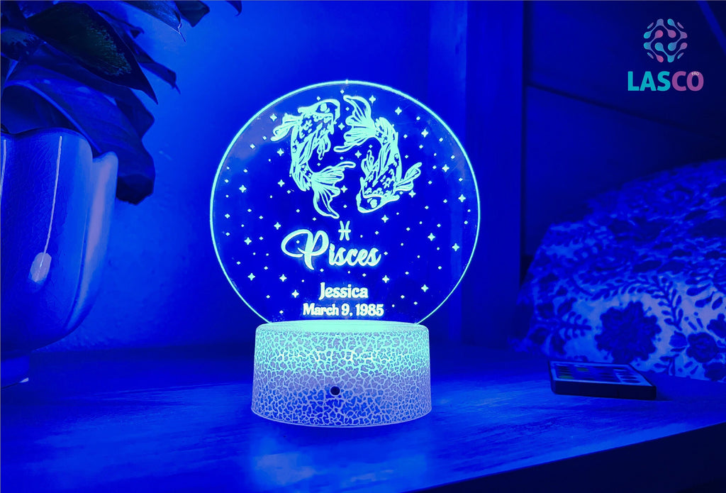 Pisces Zodiac Sign Personalized Acrylic Night Light Perfect Birthday Gift for Her For Him Horoscope Sign Custom Handmade Led Bedroom Decor