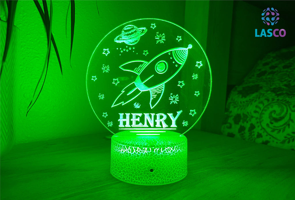 Kids Personalized Acrylic Night Light Rocketship in Space | Perfect Birthday Gift for Girls or Boys | Custom Handmade Led Kids Bedroom Decor