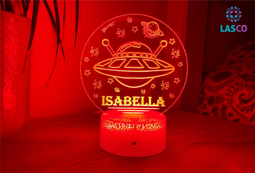 Kids Personalized Acrylic Night Light UFO in Space | Perfect Birthday Gift for Girls or Boys | Custom Handmade Led Kids Bedroom Decor