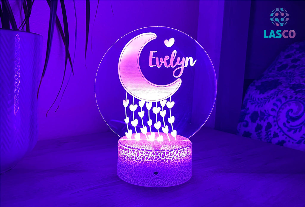 Kids Personalized Acrylic Night Light Laser Kids Moon & Hearts | Perfect Birthday Gift for Girls or Boys | Custom Handmade Bedroom Decor