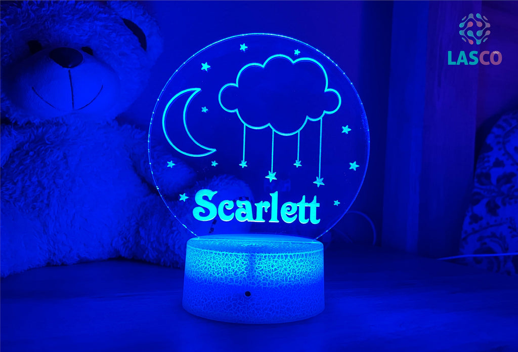 Kids Personalized Acrylic Night Light Laser Kids Moon&Cloud | Perfect Birthday Gift for Girls or Boys | Custom Handmade Bedroom Decor