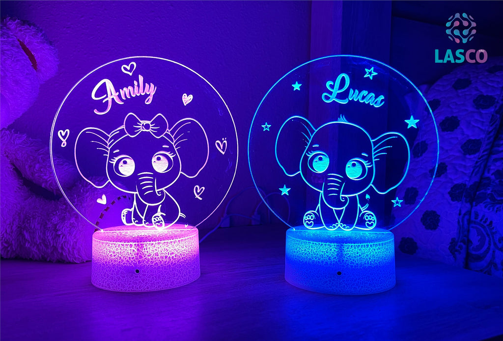 Kids Personalized Acrylic Night Light Laser Kids Elephants | Perfect Birthday Gift for Girls and Boys | Custom Handmade Bedroom Decors