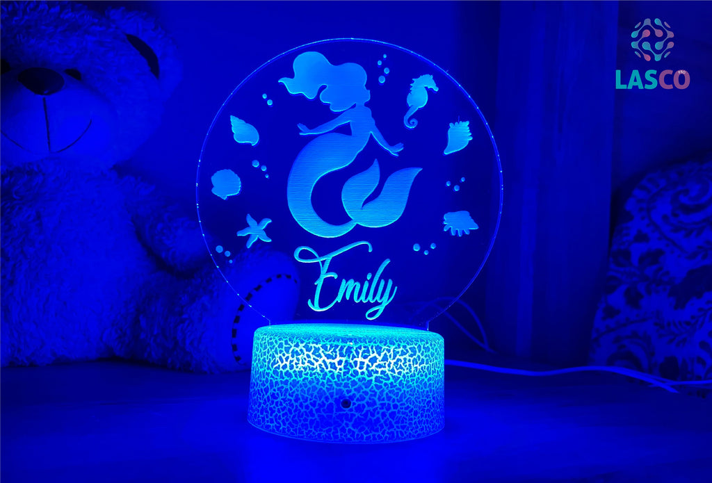 Kids Personalized Acrylic Night Light Laser Kids Mermaid | Perfect Birthday Gift for Girls or Boys | Custom Handmade Bedroom Decor