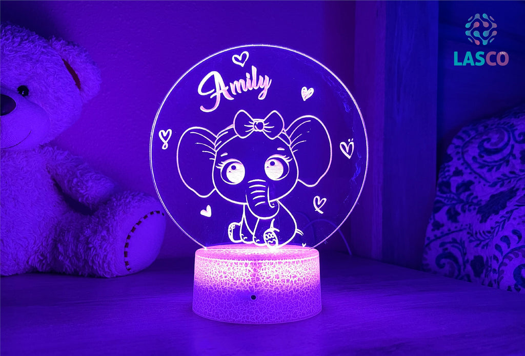 Kids Personalized Acrylic Night Light Laser Kids Elephants | Perfect Birthday Gift for Girls and Boys | Custom Handmade Bedroom Decors