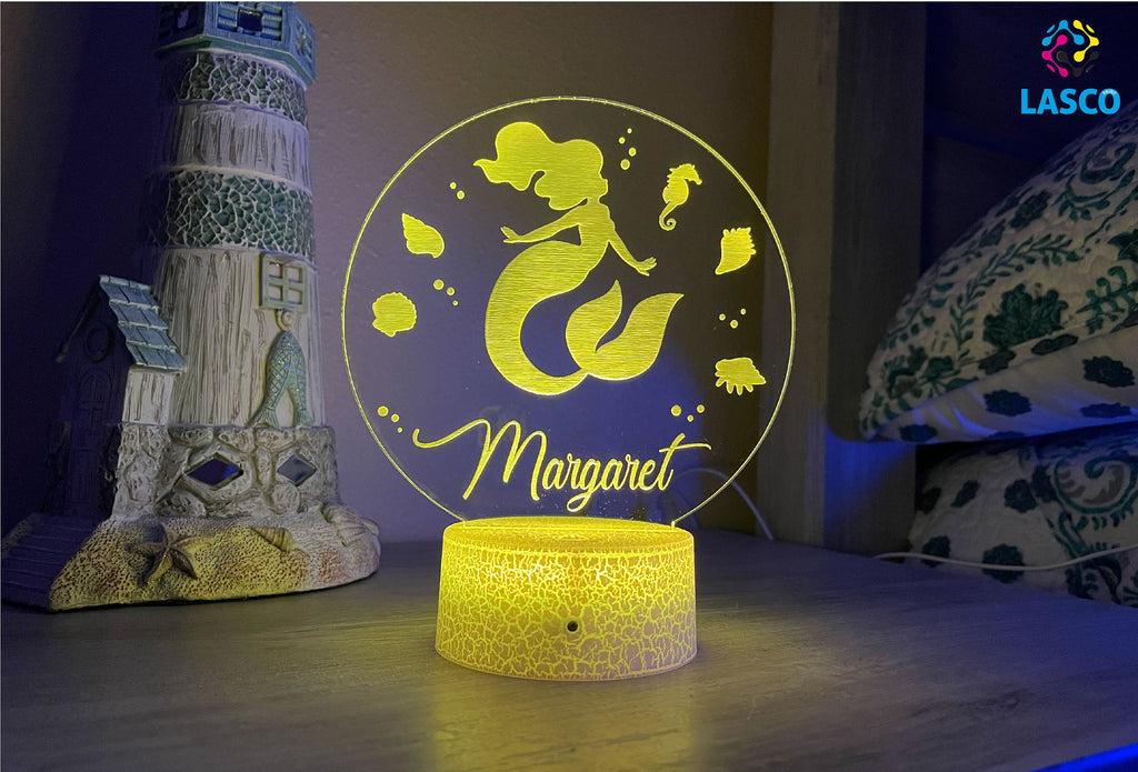 Mermaid Kids Personalized Acrylic Night Light | Perfect Birthday Gift for Girls or Boys Custom Name Handmade Led Kids Bedroom Decor