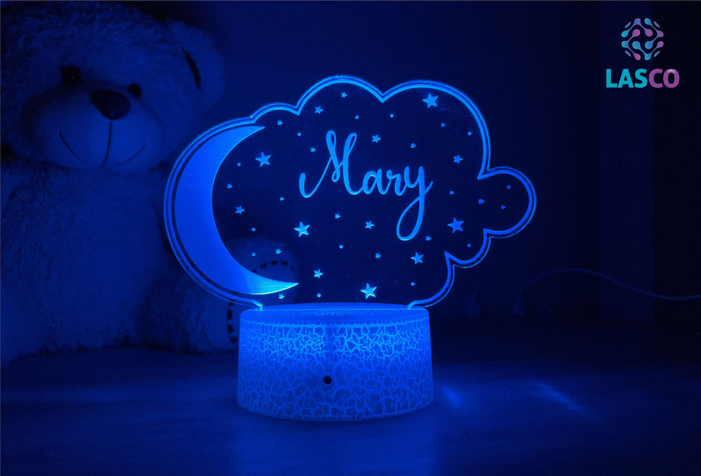 Kids Personalized Acrylic Night Light Moon & Cloud Laser Kids| Perfect Birthday Gift for Girls or Boys | Custom Handmade Bedroom Decor