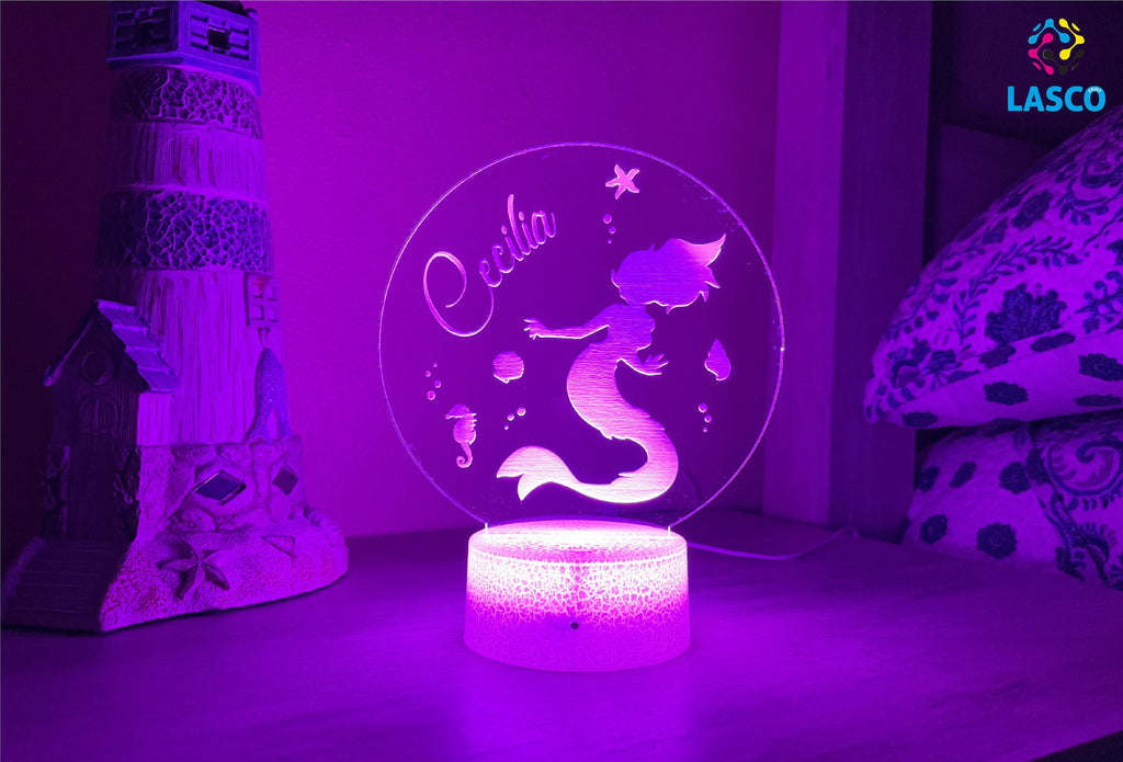 Mermaid Kids Personalized Acrylic Night Light | Perfect Birthday Gift for Girls or Boys Custom Name Handmade Led Kids Bedroom Decor
