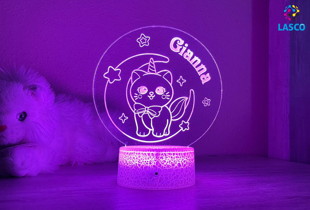 Kids Personalized Acrylic Night Light Laser Kids Cat Kitten | Perfect Birthday Gift for Girls and Boys | Custom Handmade Bedroom Decors