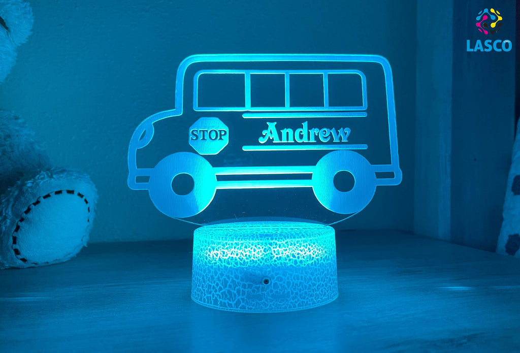 Kids Personalized Acrylic Night School Bus Laser Kids | Perfect Birthday Gift for Girls or Boys | Custom Handmade Bedroom Decor