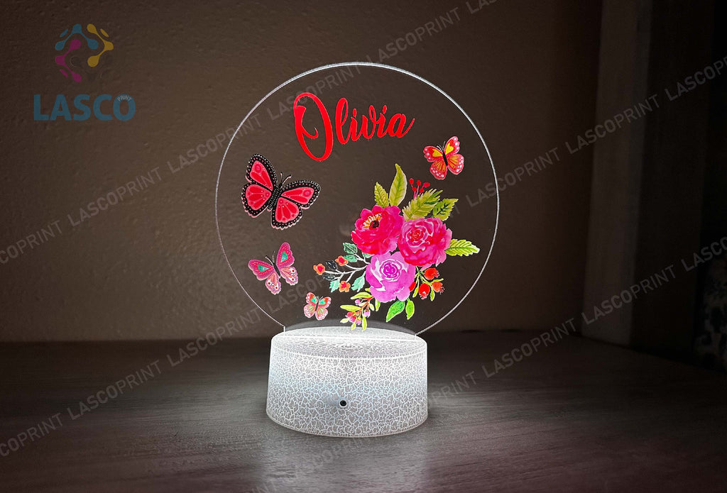 Kids Custom Colorful Acrylic Night Light Flowers-Butterflies |Perfect Birthday Gift for Girls or Boys Custom Handmade Led Kids Bedroom Decor