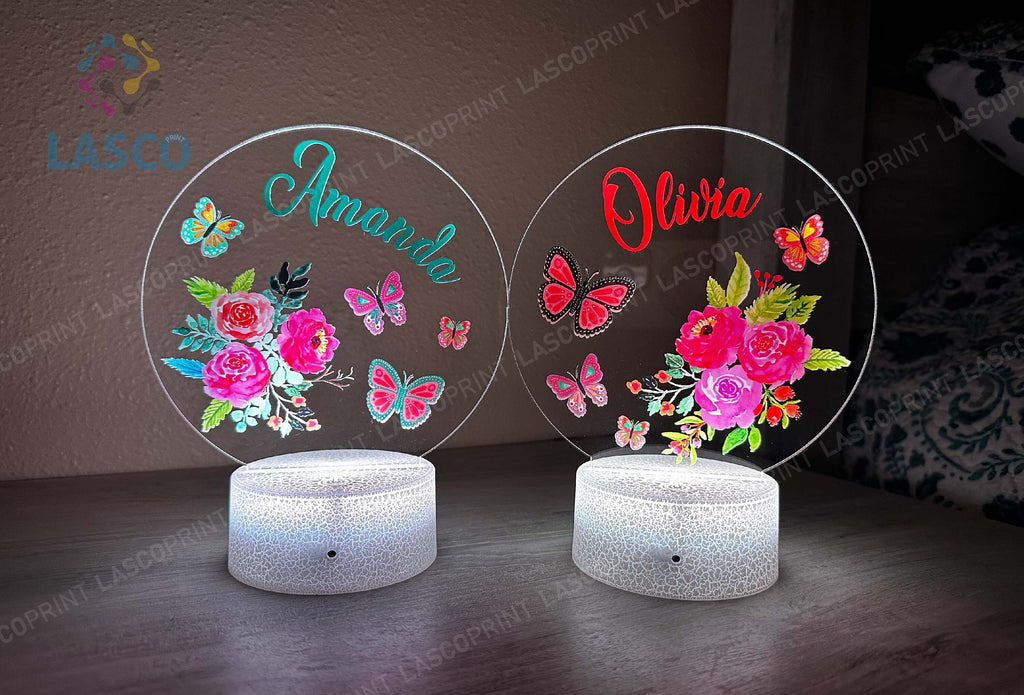 Kids Custom Colorful Acrylic Night Light Flowers-Butterflies |Perfect Birthday Gift for Girls or Boys Custom Handmade Led Kids Bedroom Decor