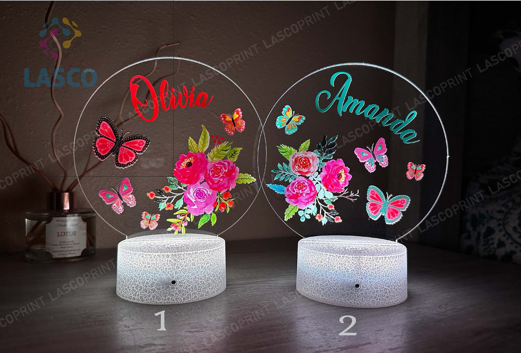Kids Custom Colorful Acrylic Night Light Flowers-Butterflies |Perfect Birthday Gift for Girls or Boys Custom Handmade Led Kids Bedroom Decor