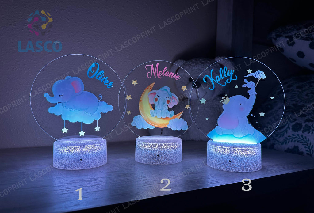 Kids Custom Colorful Acrylic Night Light Baby Elephants for Kids | Birthday Gift for Girls Custom Handmade Led Kids Unique Bedroom Decor