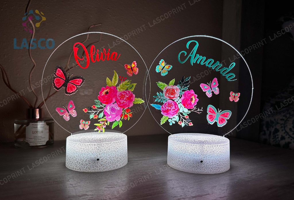 Kids Custom Colorful Acrylic Night Light Flowers-Butterflies |Perfect Birthday Gift for Girls or Boys Custom Handmade Led Kids Bedroom Decor