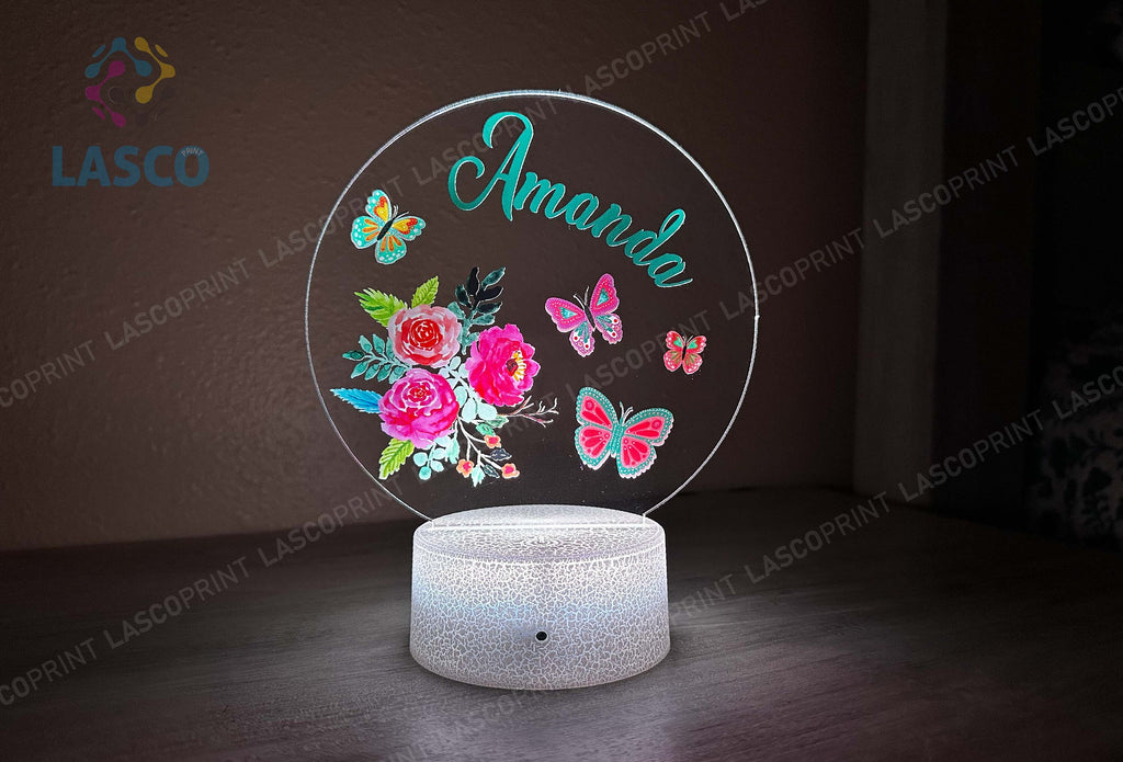 Kids Custom Colorful Acrylic Night Light Flowers-Butterflies |Perfect Birthday Gift for Girls or Boys Custom Handmade Led Kids Bedroom Decor