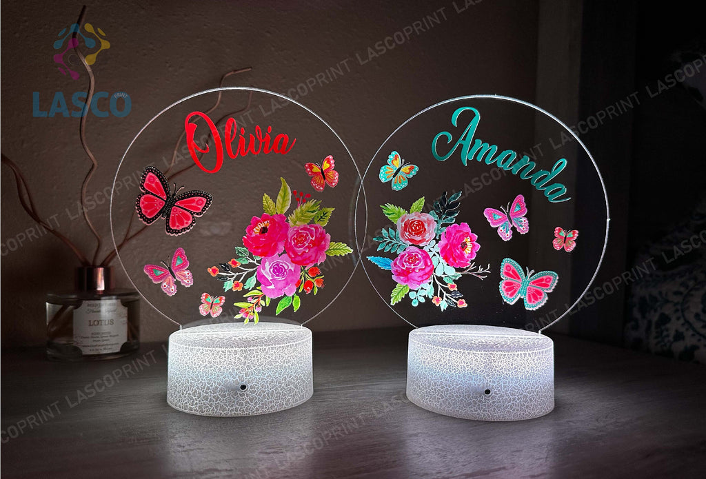 Kids Custom Colorful Acrylic Night Light Flowers-Butterflies |Perfect Birthday Gift for Girls or Boys Custom Handmade Led Kids Bedroom Decor