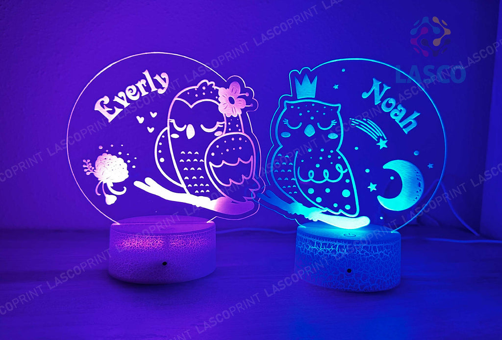 Kids Personalized Acrylic Night Light Laser Kids Sleeping Owls | Perfect Birthday Gift for Girls and Boys | Custom Handmade Bedroom Decors