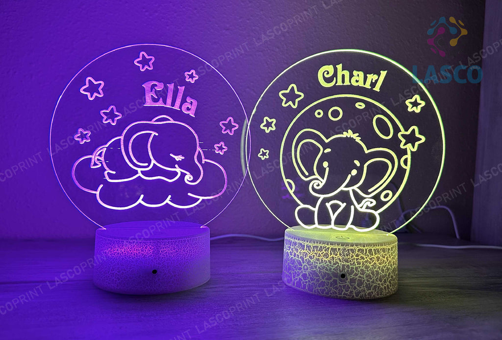 Kids Personalized Acrylic Night Light Laser Kids Baby Elephants | Perfect Birthday Gift for Girls and Boys | Custom Handmade Bedroom Decors