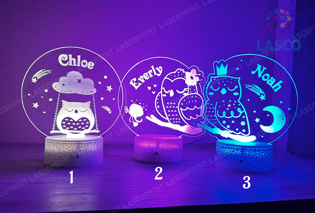 Kids Personalized Acrylic Night Light Laser Kids Sleeping Owls | Perfect Birthday Gift for Girls and Boys | Custom Handmade Bedroom Decors