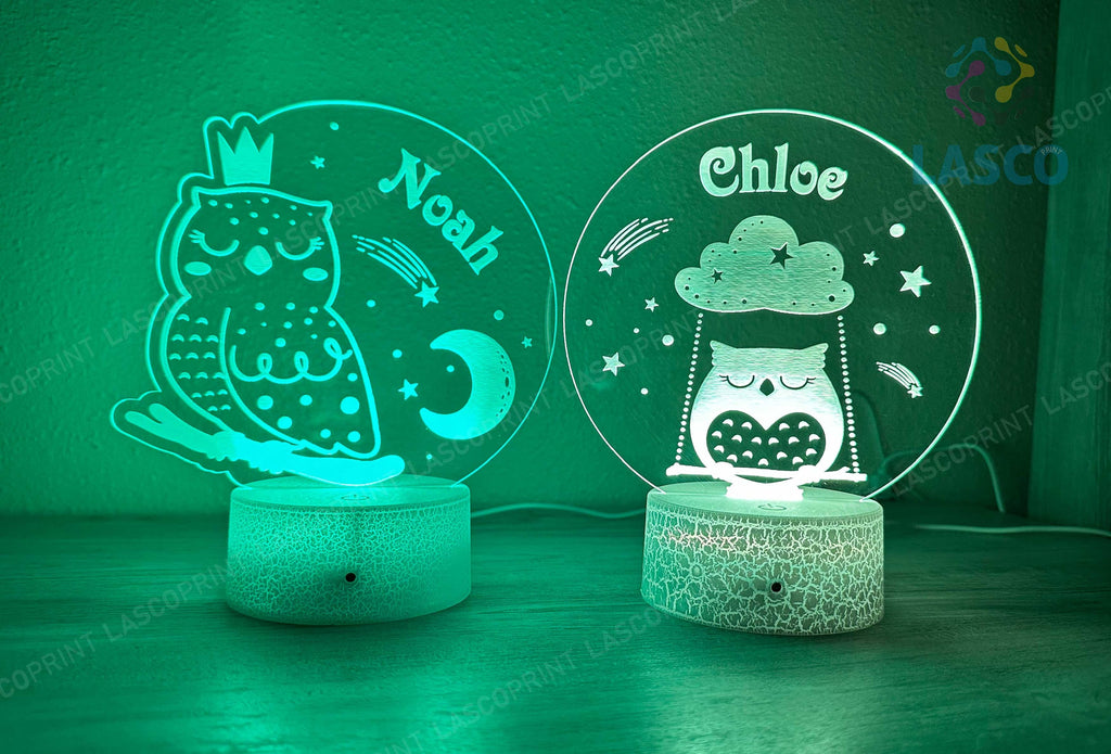 Kids Personalized Acrylic Night Light Laser Kids Sleeping Owls | Perfect Birthday Gift for Girls and Boys | Custom Handmade Bedroom Decors