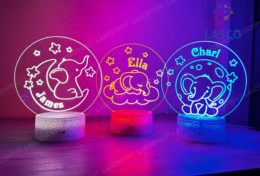 Kids Personalized Acrylic Night Light Laser Kids Baby Elephants | Perfect Birthday Gift for Girls and Boys | Custom Handmade Bedroom Decors