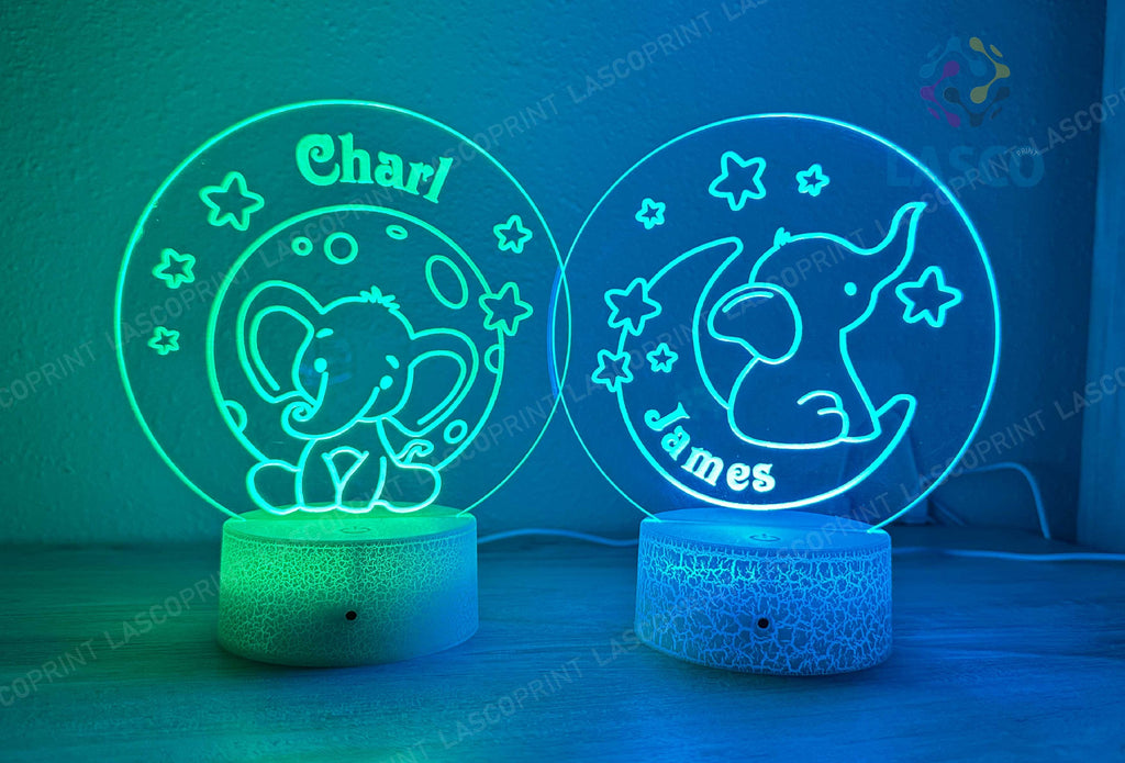 Kids Personalized Acrylic Night Light Laser Kids Baby Elephants | Perfect Birthday Gift for Girls and Boys | Custom Handmade Bedroom Decors